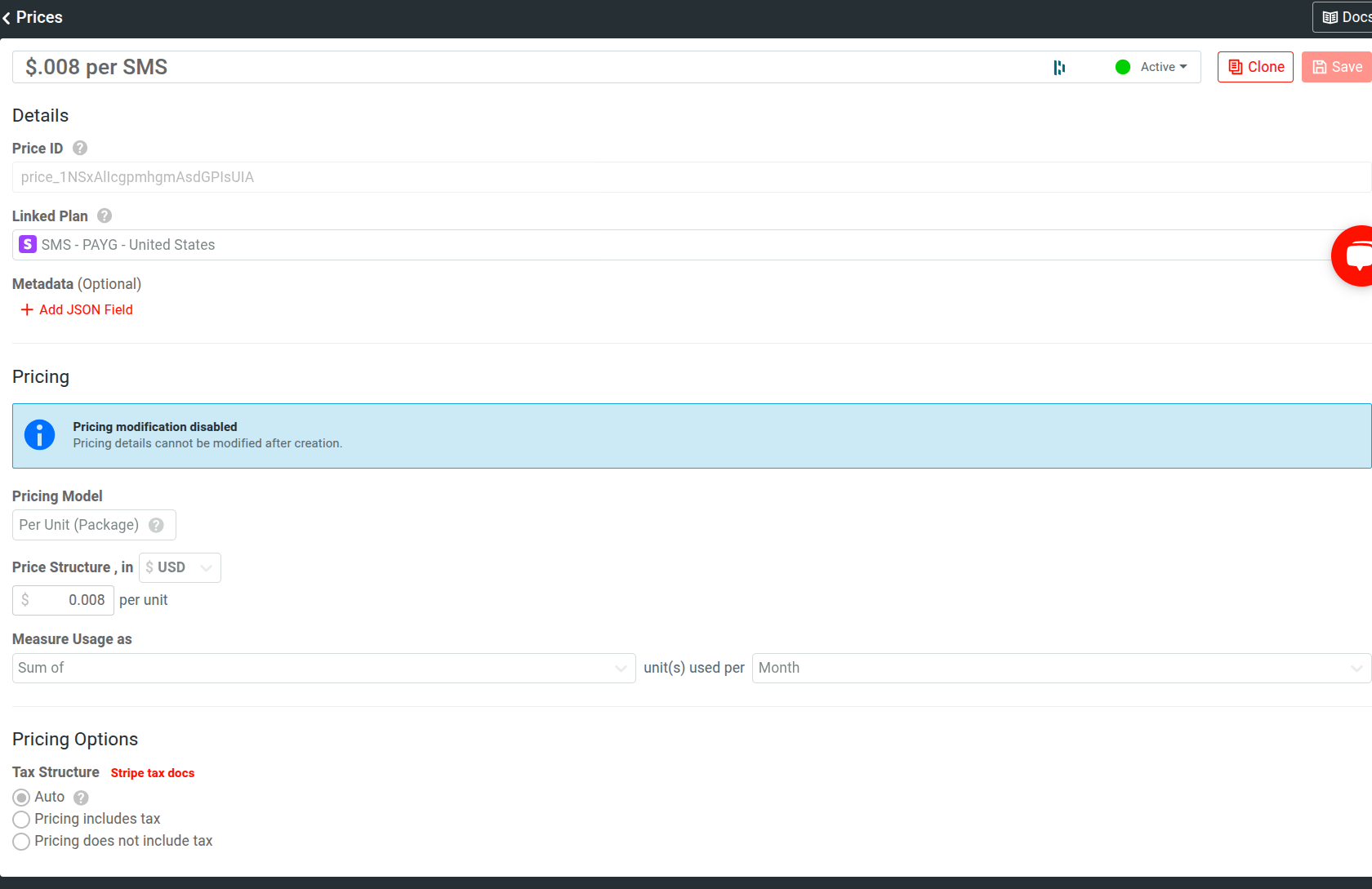 A Price structure in Moesif for a telecommunications API that defines a per-unit pricing model. An example price structure in Moesif for a telecommunications API.