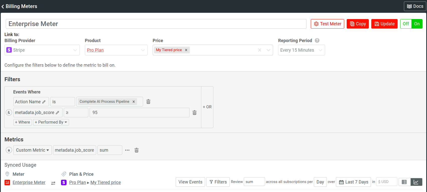 A Billing Meter in Moesif for Enterprise-tier users that aggregates summation of a metadata field to define the billable metric. An example billing meter in Moesif for an Enterprise tier of a product.