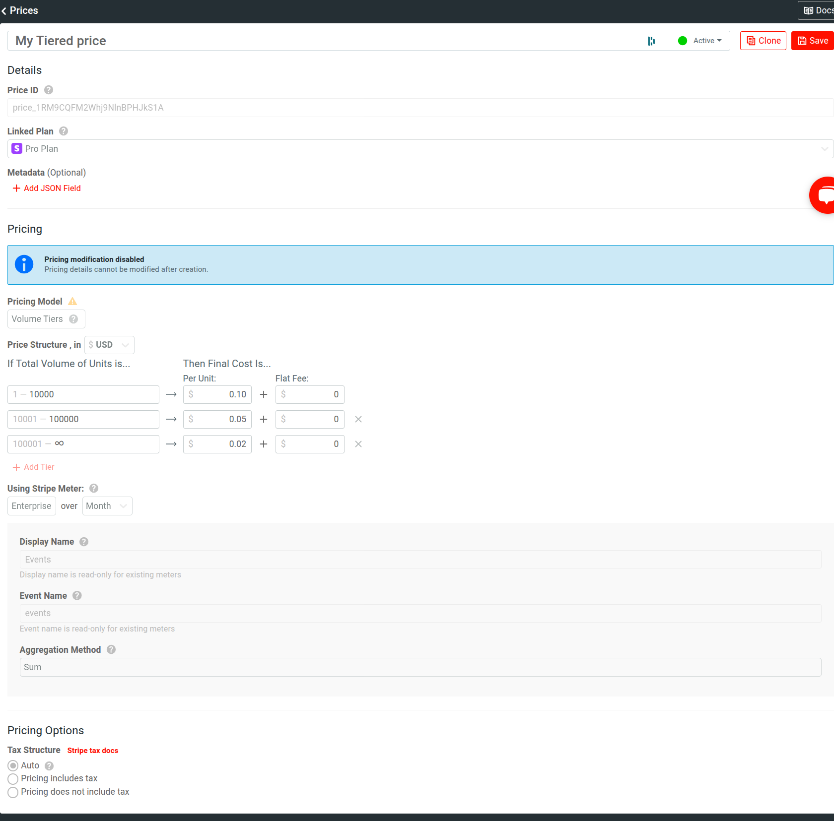 A Price structure in Moesif illustrating a volume-tier pricing model. An example volume-tier price structure in Moesif.