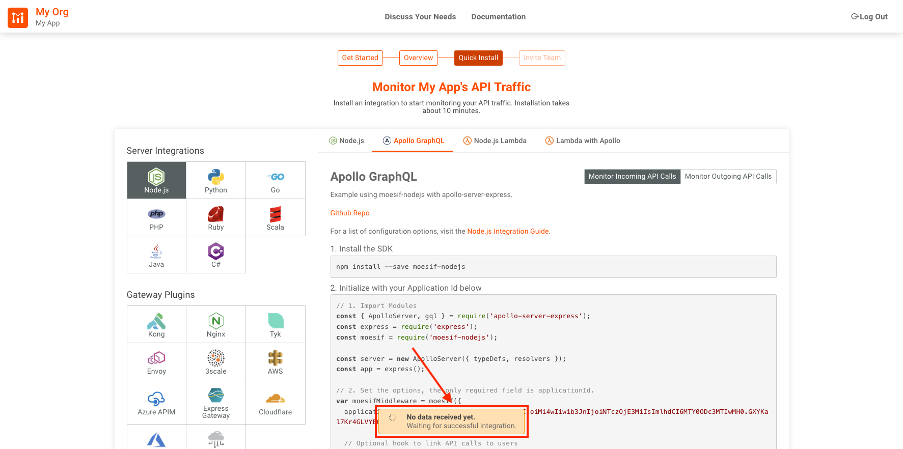 Moesif no data received onboarding screen