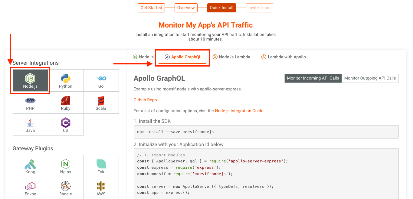 Moesif config screen with Node integration info displayed