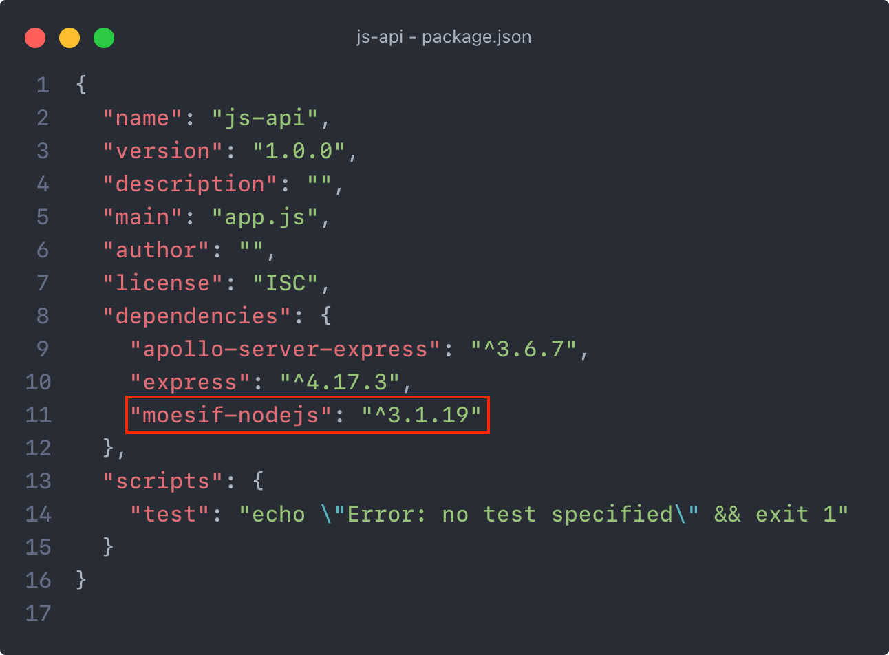 package.json screen sample with moesif-js package