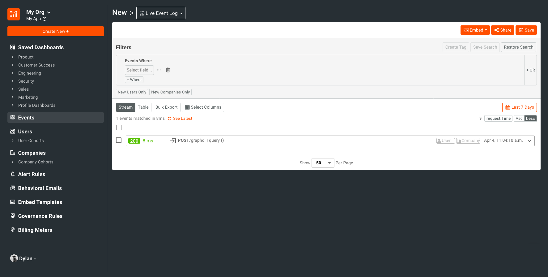 Moesif dashboard with event received