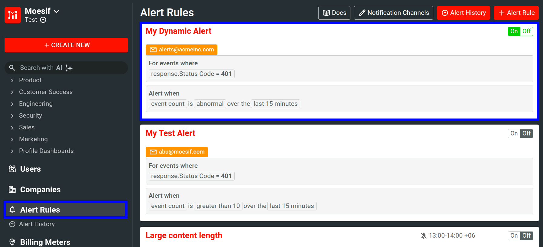Created alert on Moesif alerts dashboard