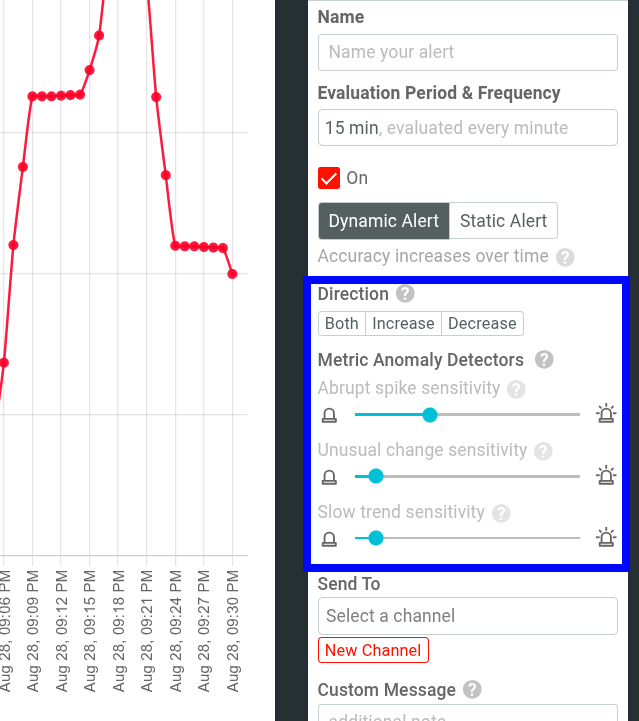 Anomaly detector sliders for alert