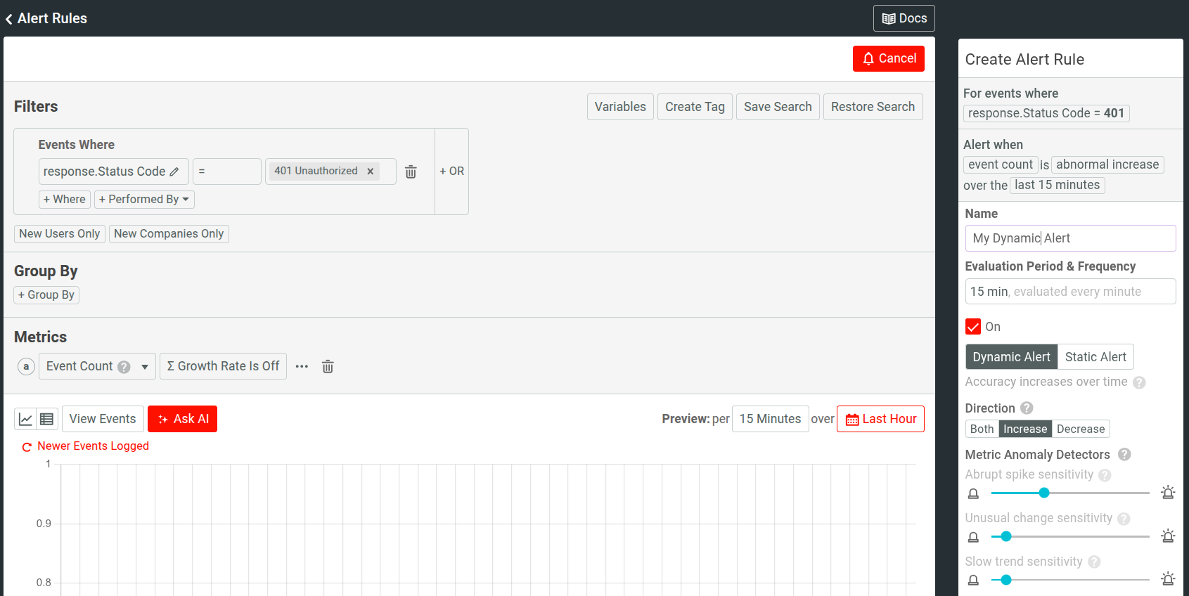 Moesif confirm alert filter criteria