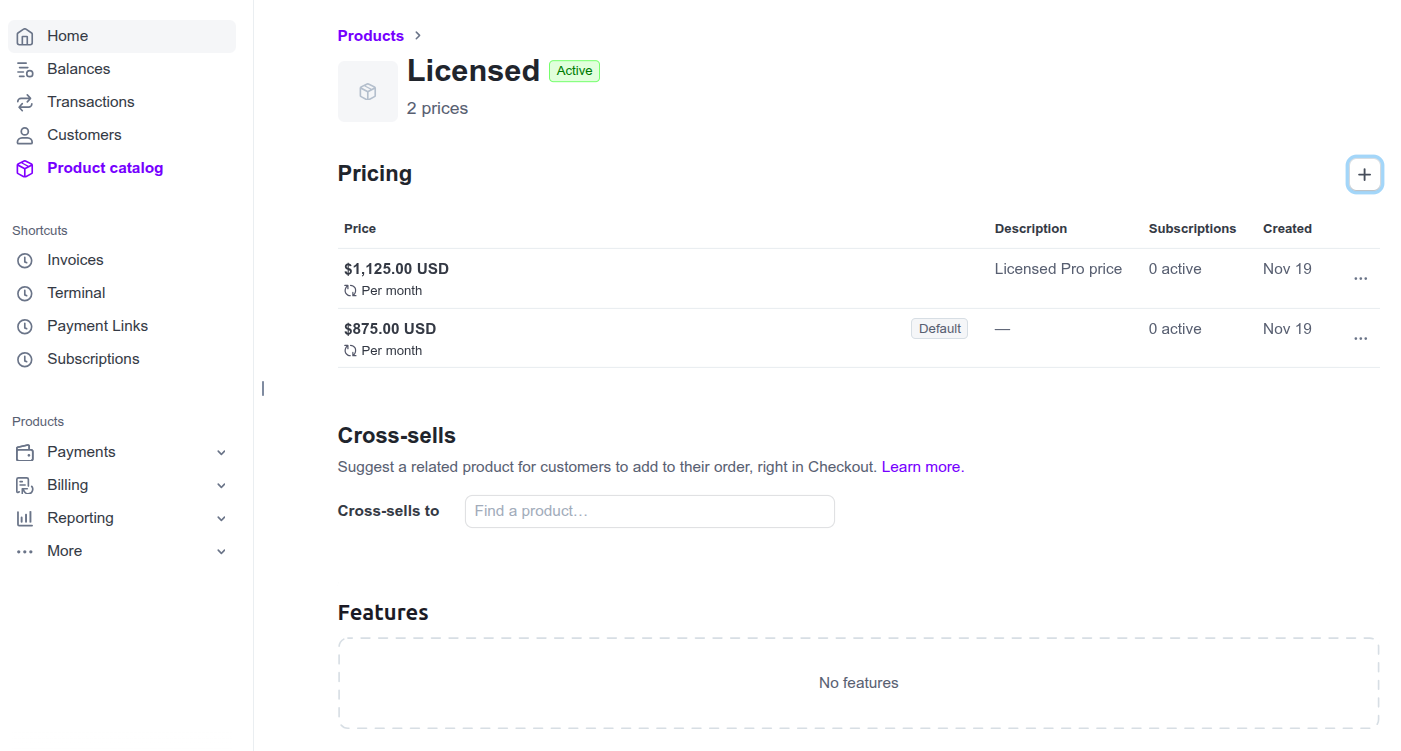 The 'Licensed' product details with its two prices in Stripe Product Catalog.