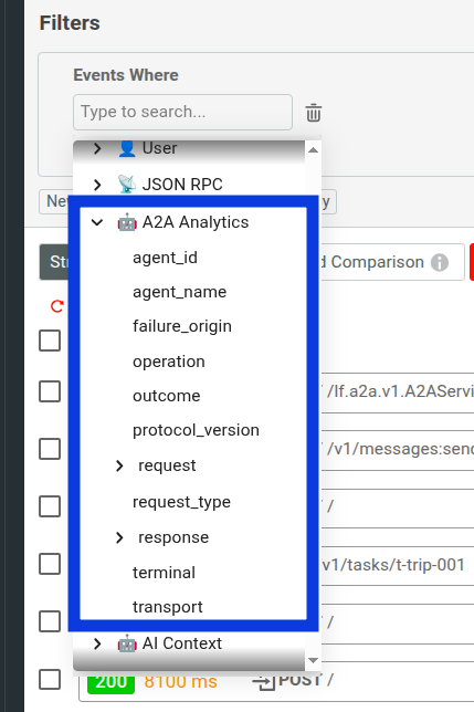 Fields under the A2A Analytics filter. Filter field selector in Moesif with the A2A Analytics category expanded to show its fields.