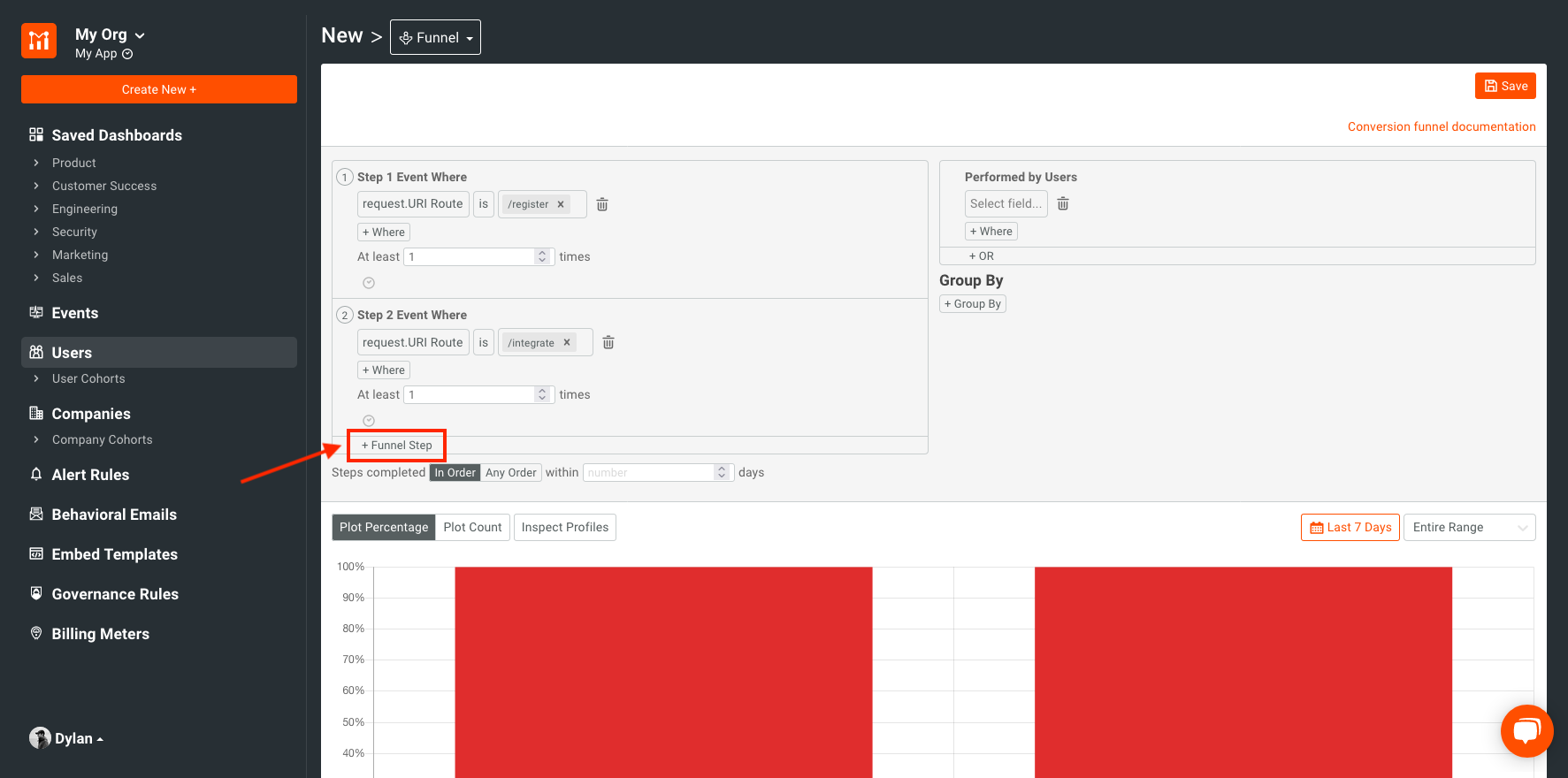 add funnel step button