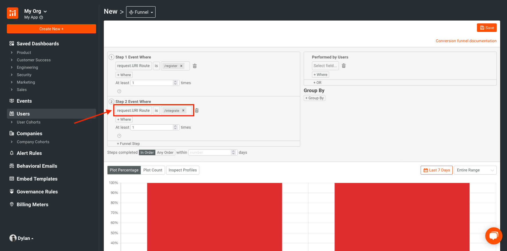 add filter for 2nd step in user funnel