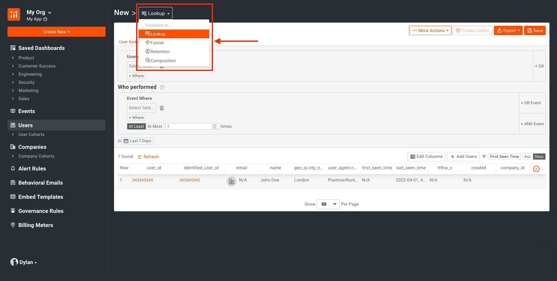user funnel navigation tab